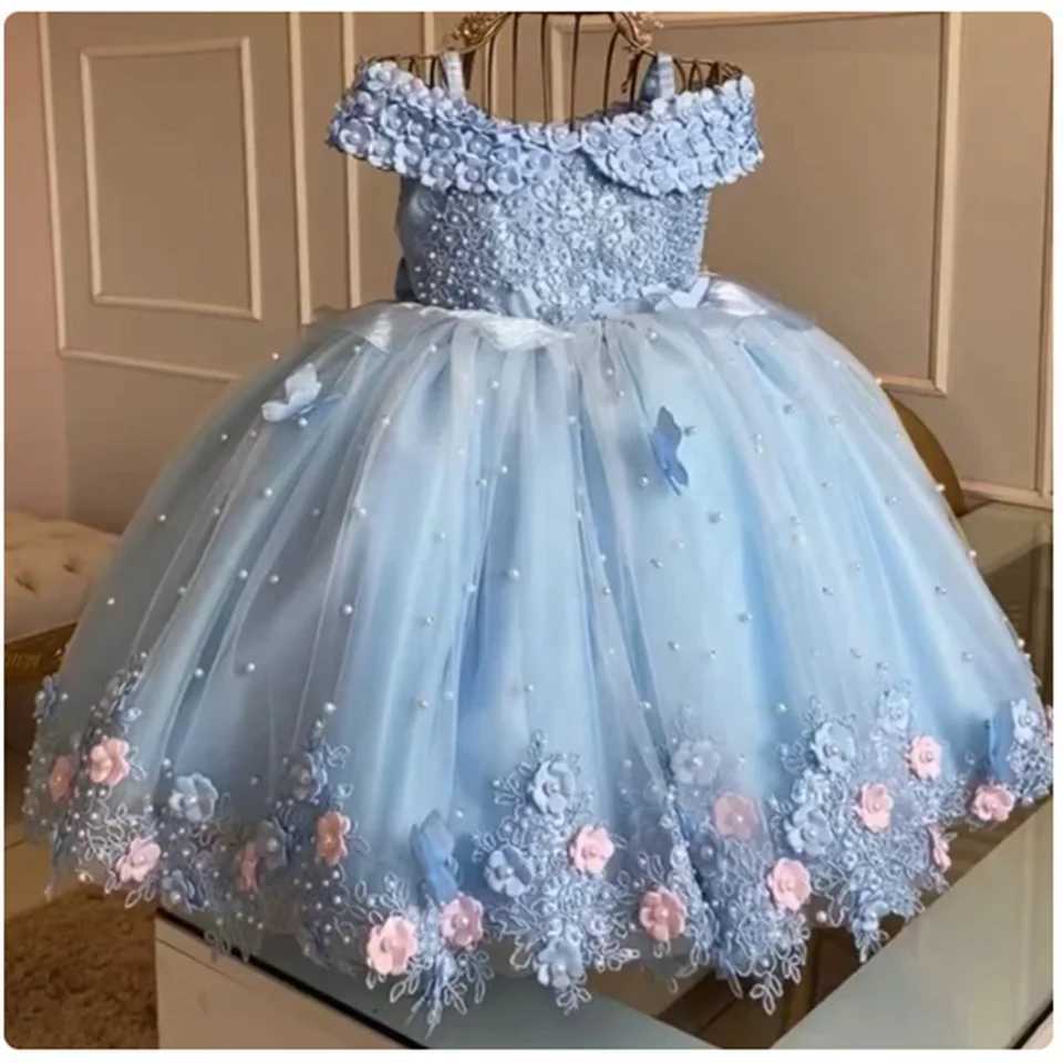 Baptism Tulle Pearls Flower Girl Dress Lovely For Wedding Beading Applique Off Shoulder Child First Eucharistic Birthday Party X250203