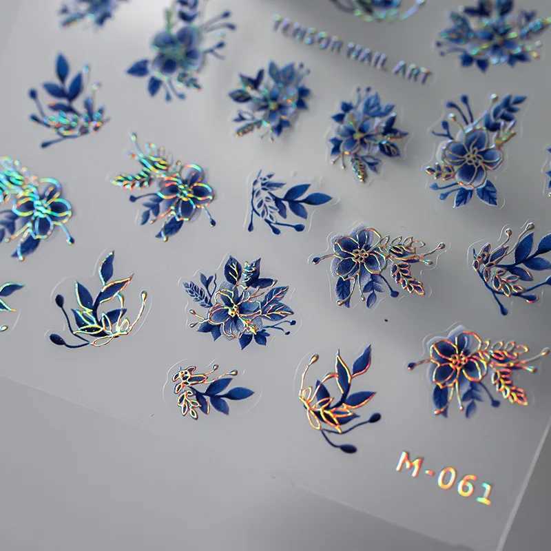 Acrylic Engraved Nail Sticker Holographi Blue Flowers Gold Line Self-Adhesive Nail Transfer Sliders Wraps Manicures Foils Z0661XJ250120