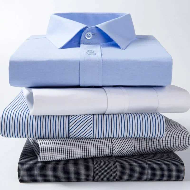 Mens 100% pure Cotton Long Sleeve Solid/striped Basic Dress Shirts Single Patch Pocket Formal Regular Fit Office ShirtXJ250121