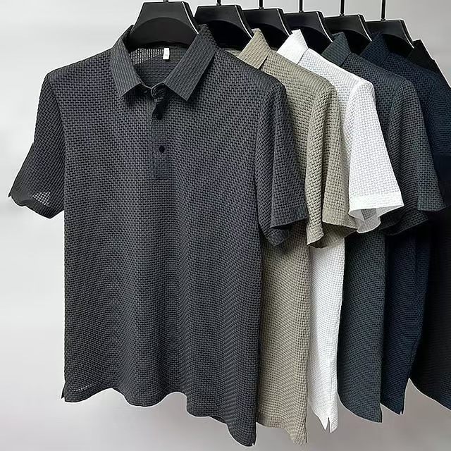 Spring and Autumn Knitted Clothes Men's Solid Color Sweater Stripe Elastic Lapel Pullover POLO Shirt Long Sleeve T-shirt#2423