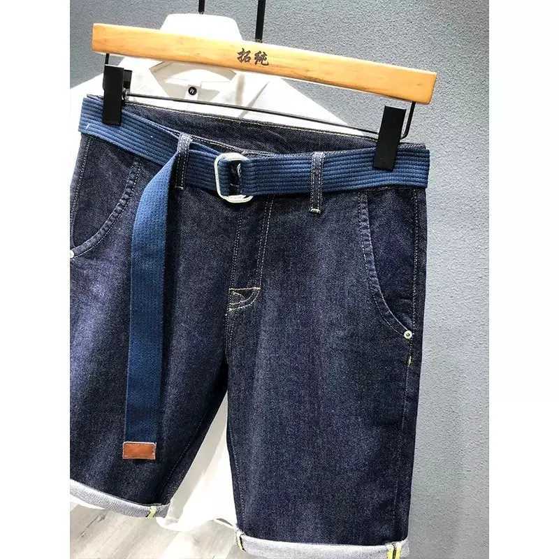 Summer Cargo Mens Casual Knee-length Denim Shorts Solid Deep Blue Color with Large Pockets Streetwear Classic Jeans Shorts Male X250203