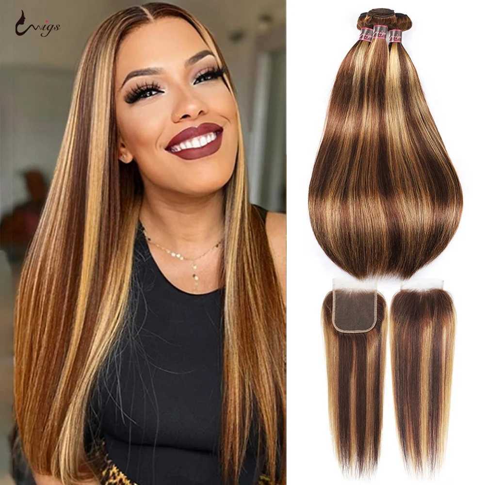 Uwigs Highlight Straight Bundles With Clo Human Hair Bundles With Clo Transparent Lace Clo Brazilian Hair BundlesXJ250120
