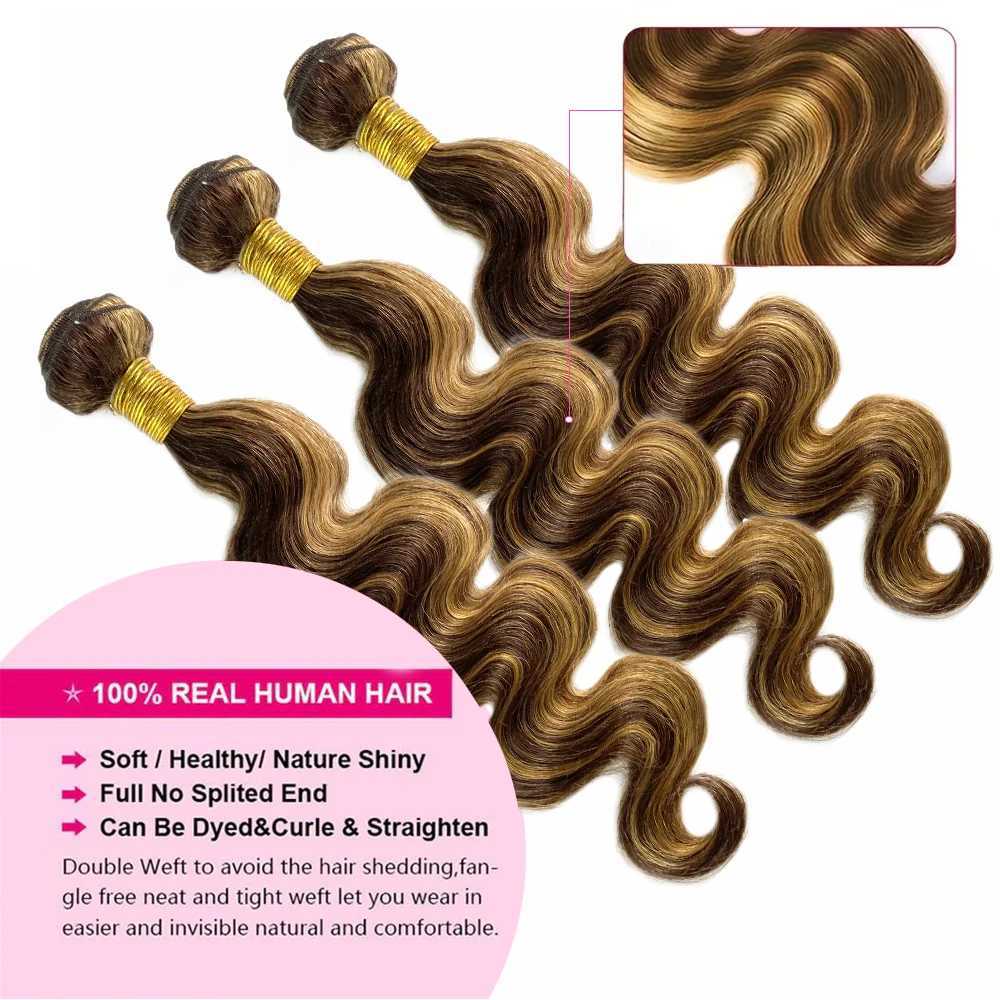 Highlight Bundles With Clo Frontal Brazilian Body Wave Ombre Blonde Human Hair Tissage Bundle With 13x4 Frontal P4/27 ColorXJ250120