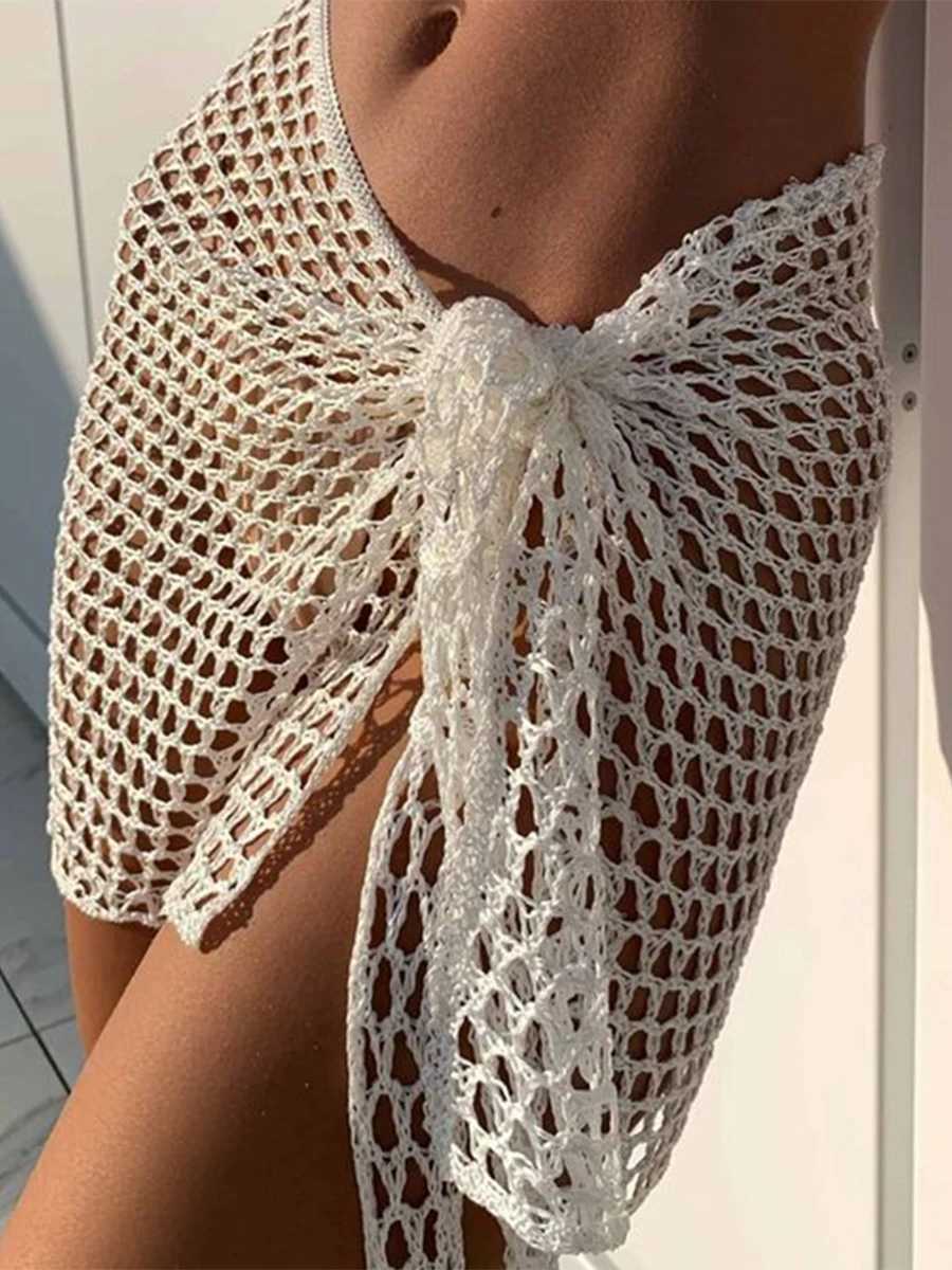 Women Beach Skirt Hollowed Solid Black White Yellow Green Knitted Mini Skirt For Women Summer Vacation Seaside Cover-Up Skirt W250120