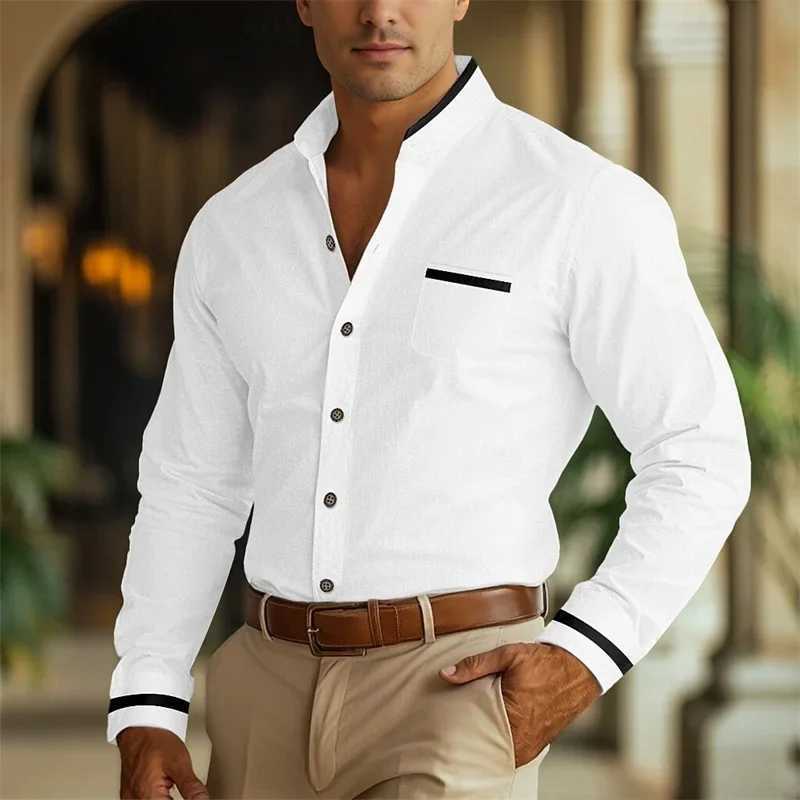 Mens standing collar shirt formal button up shirt gray long sleeved shirt daily wear front pocketXJ250121
