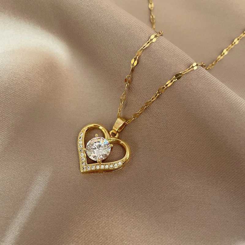 Gorgeous Heart Shape Simple Copper Inlaid Zirconia Pendant Necklace Women Men Fashion Stainless Steel Chain Anniversary GiftXJ250121