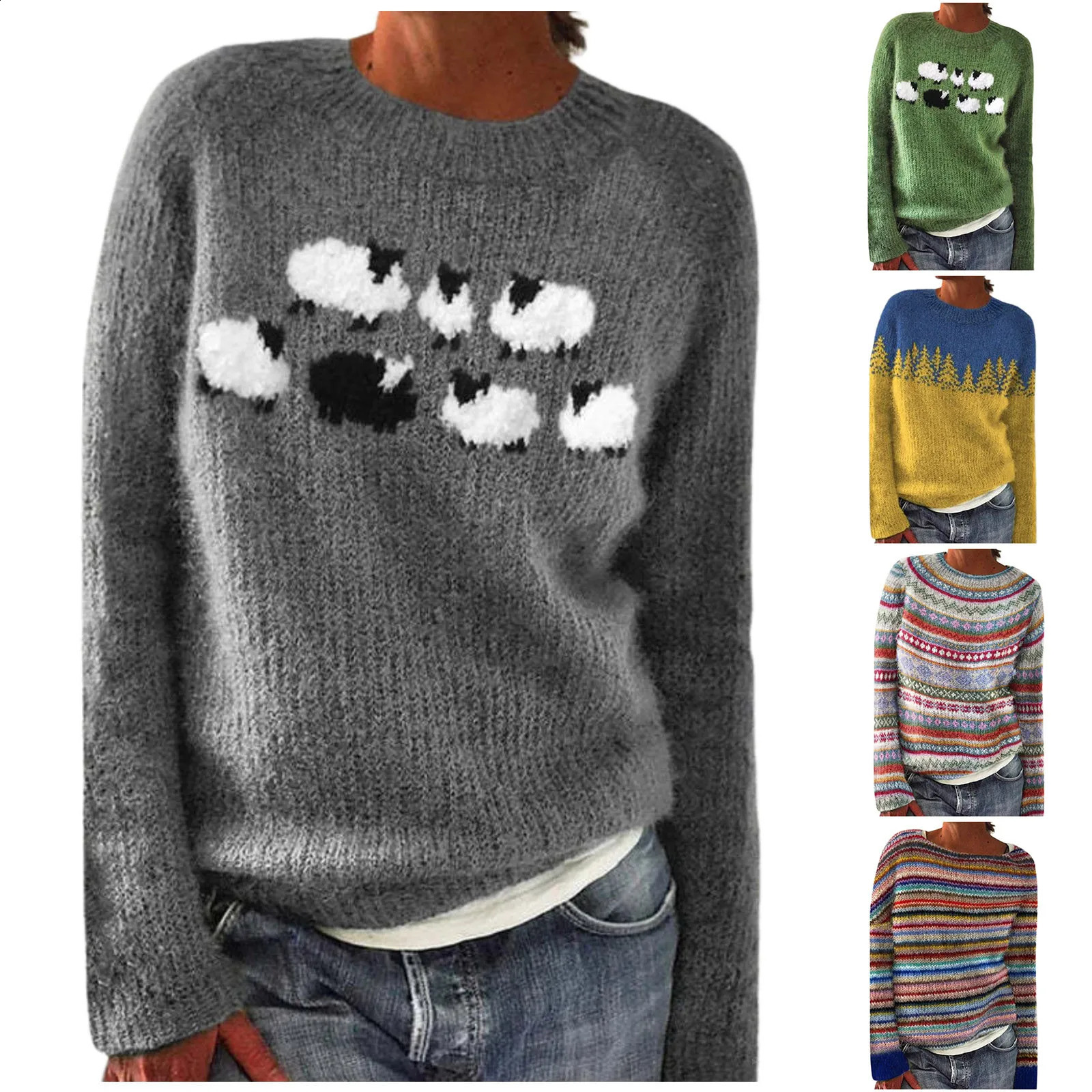 Fashion Womens Knitted Sweater Autumn Winter Print Long Sleeve Crew Neck Pullover Large Size Warm Top For Female 250114