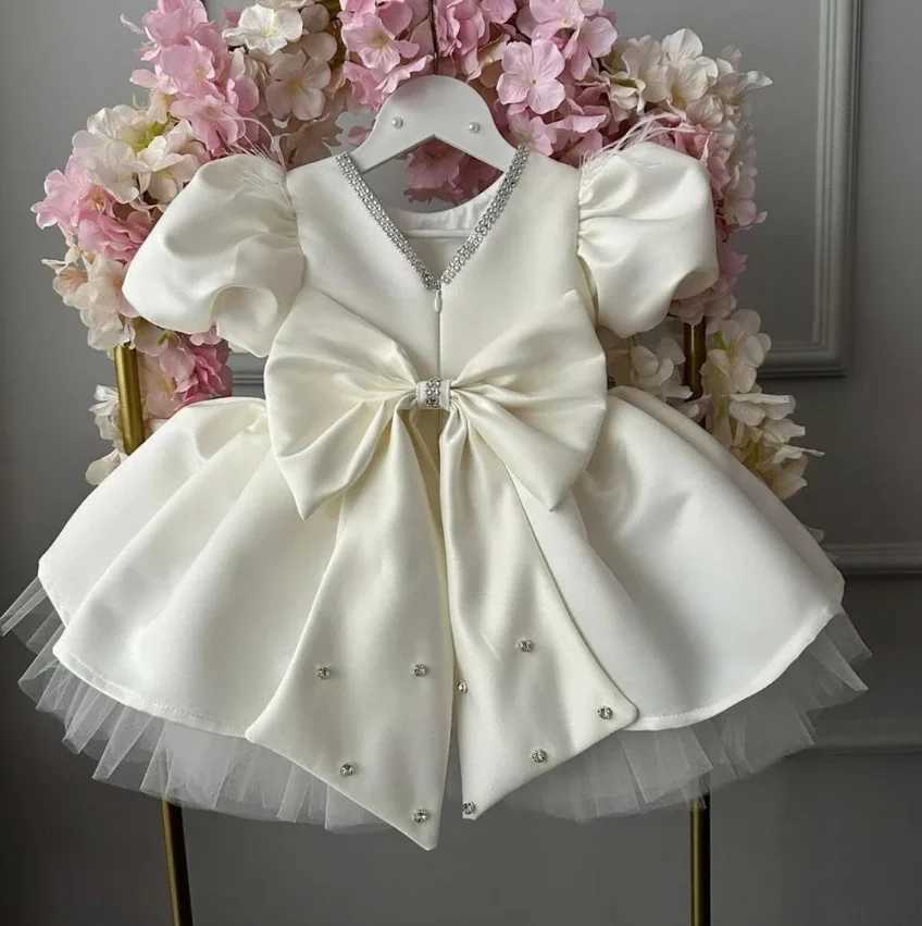 White satin baby girls first birthday party dress big bow puff sleeves childrens Tutu costume mini girl Christmas dress X250203