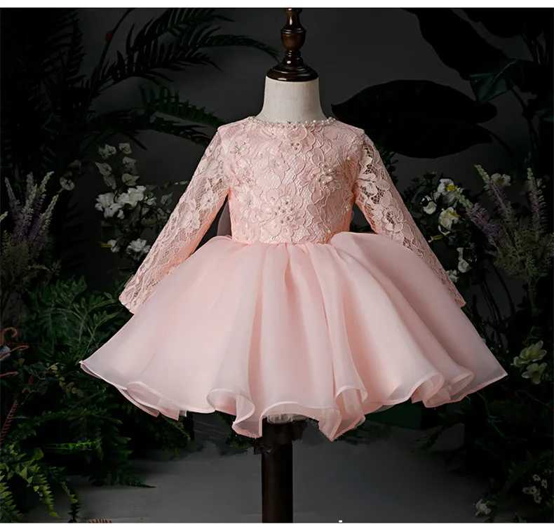 Cute Girl Baby Party Dress 1-Year Baby Girl Birthday Frog Crystal Bead Chiffon Long Sleeve Preschool Girl Christmas Dress X250203