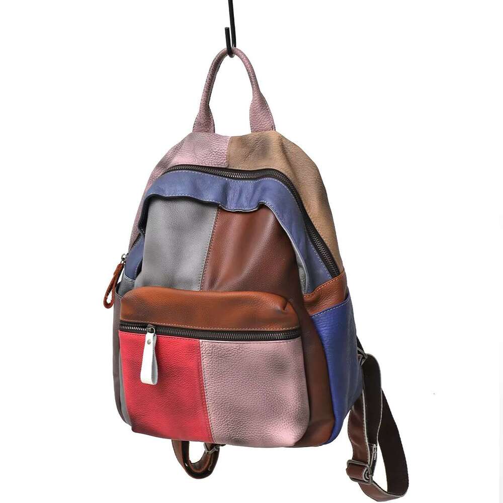 Painted Color Genuine Leather Patchwork Backpack Women Large Capacity Casual Retro Functional Shoulder Bag Knapsack Daily Travel