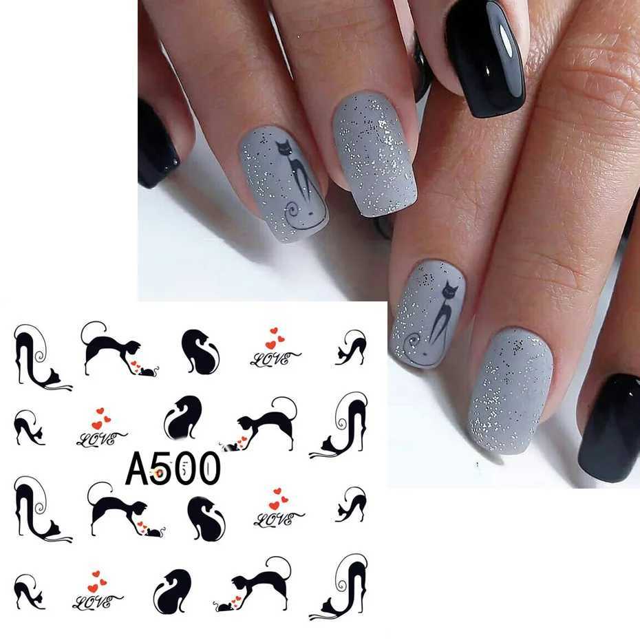 12pcs Black Cat Stickers Nail Decals Love Heart Cartoon Nail Art Water Sliders Tattoo Decorations Valentine Manicure TRA493-504XJ250120