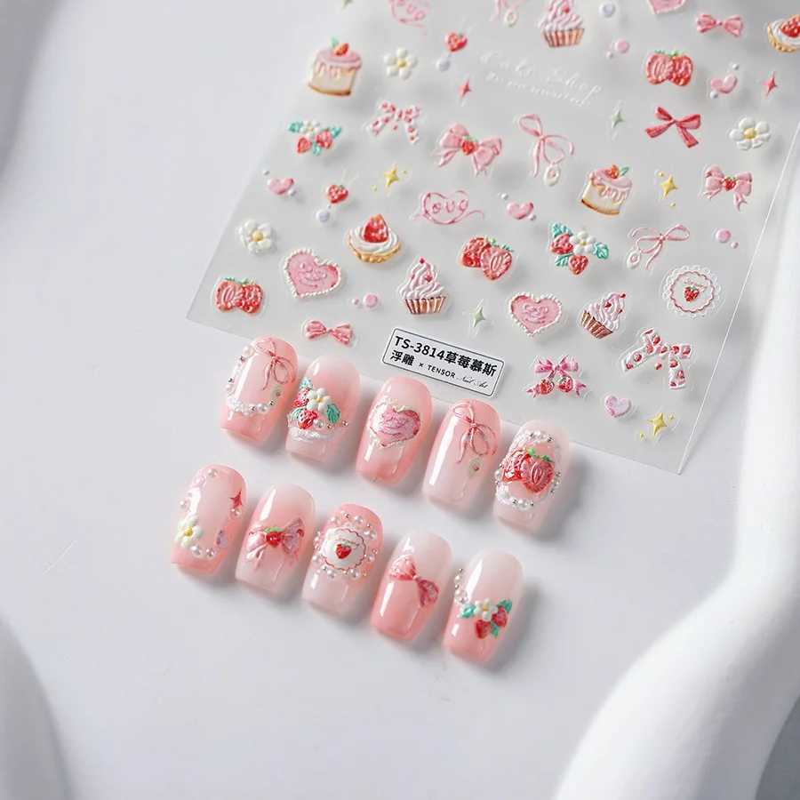 Bowknot 5D Embossed Reliefs Self Adhesive Nail Art Stickers Cute Manicure Decals Lovely Strawberry Muffin Cream Cake Ice CreamXJ250120