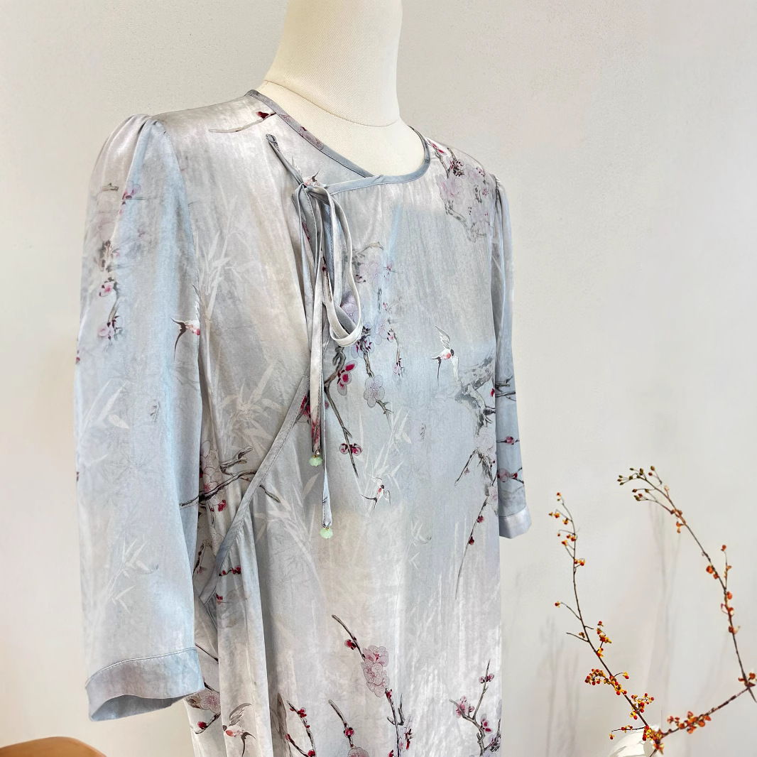 (464) Dress for women Spring and summer new mulberry silk satin printed straight loose mulberry silk long skirt