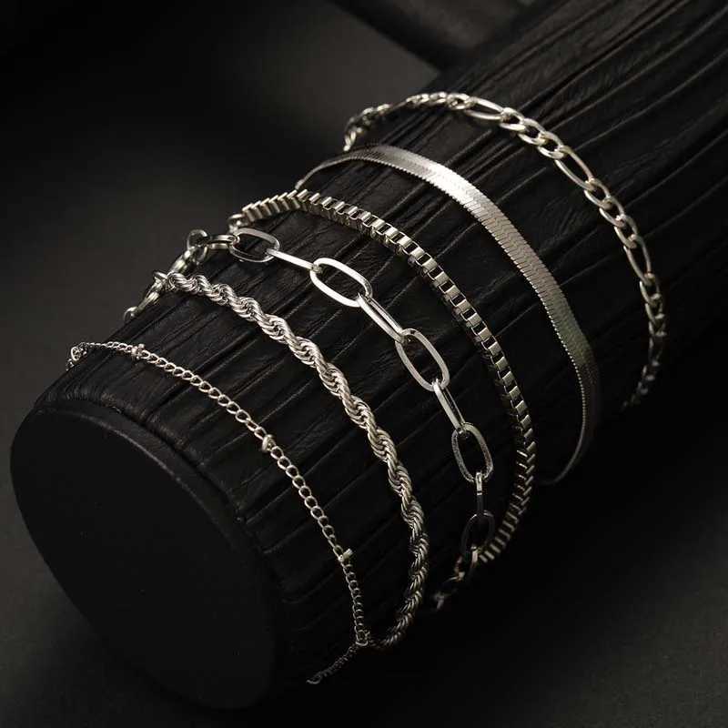 6Pcs Fashion Silver Color Thick Twist Cuban Chain Bracelet for Women Boho Metal Snake Chain Bracelet 2024 Trendy Jewelry Gifts W250728