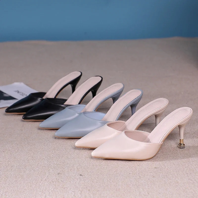 Fashion Thin Heel Outside Slippers for Women Summer High Heel Ladies Shoes Baotou Rubber Pu Womens Slippers 250113