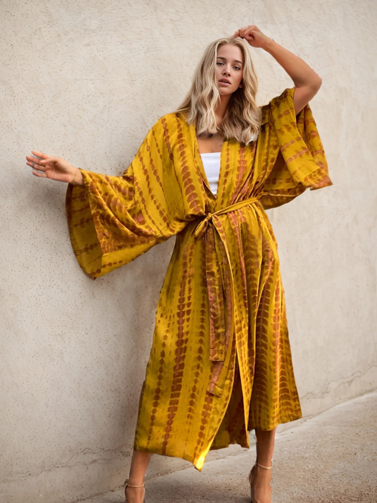 2024 vacation sexy swimsuit cover bohemian tie dye printed waistband kimono cardigan womens dress oversized beach casual wear 250122