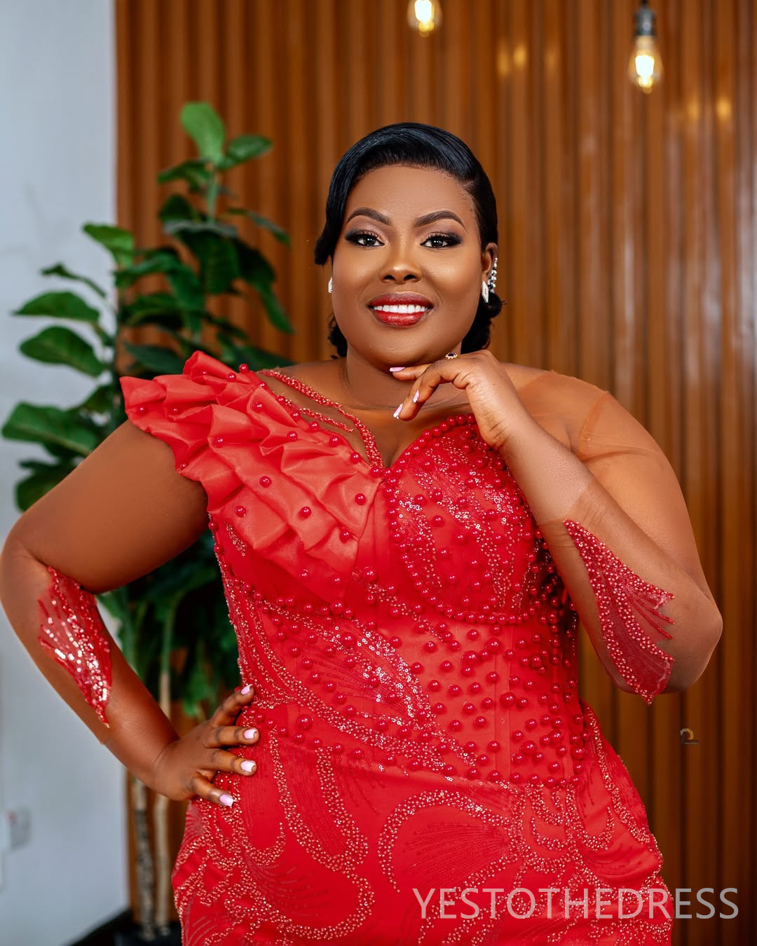 2025 Plus Size Red Aso Ebi Prom Dress Mermaid Evening Gowns For Black Women Sheer Neck Long Sleeves Pearls Beaded Lace Birthday Dress Second Reception