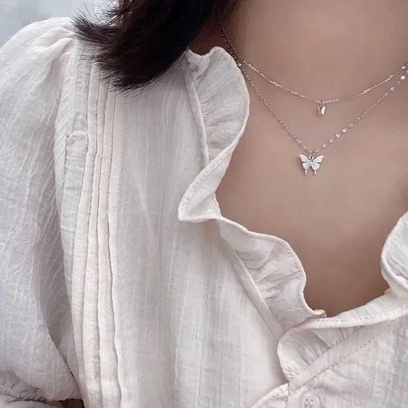 Elegant Necklace For Women Butterfly Necklace Shiny Double Clavicle Chain Pendant Anniversary Gift Jewelry CollaresXJ250121