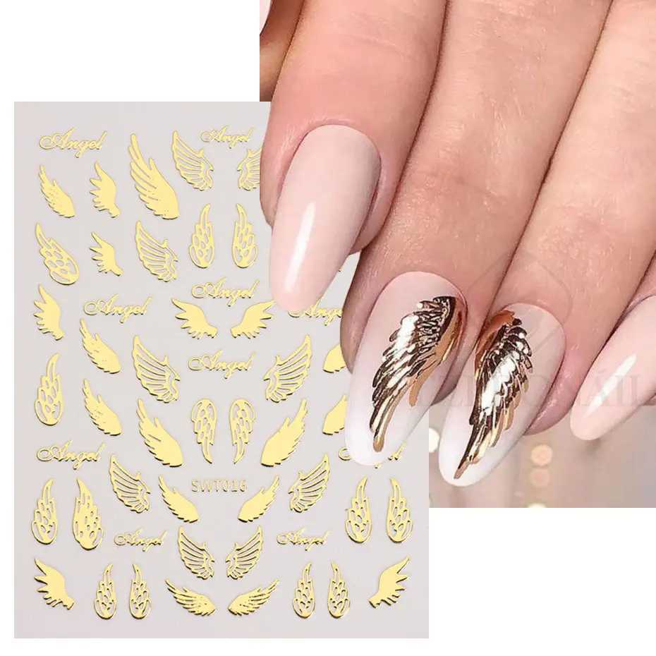 Sliver Nails Stickers Mental Sun Moon Star Lock Angel Wing Decals Nail Charms 3D Adhesive Sliders Spring Decor Accessories SLSWTXJ250120