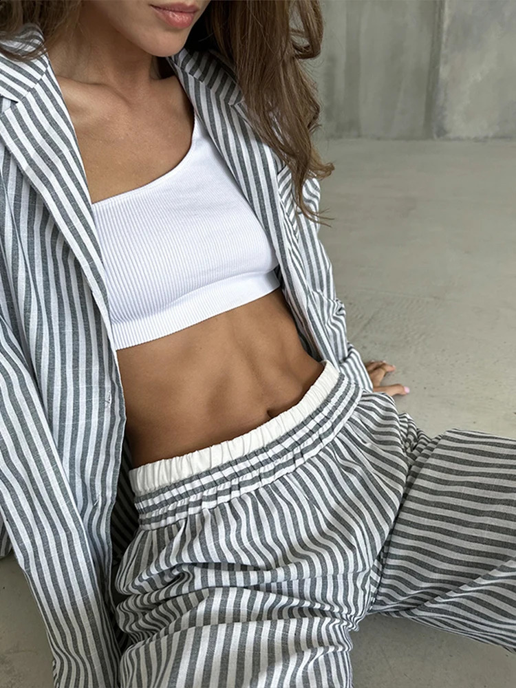 Women Stripe Pant Sets Casual Laple Oversize Full Sleeve Shirt Elastic Loose Waist Pants Female Suit Spring Lady Outerwears 250122