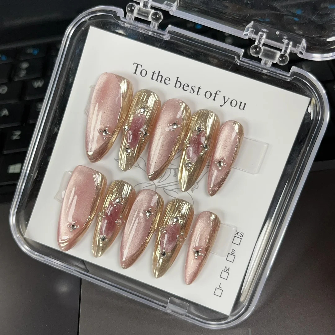 Emmabeauty Pink Crystal Cat Eye Sweet Cool Almond Water Drop Shape Blush Gold Hand Painted Press On Nails with Cool Style 250108