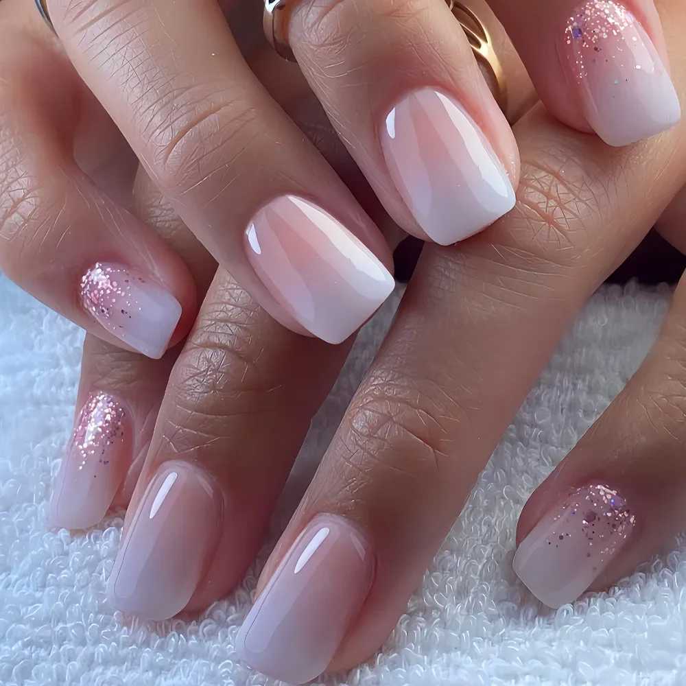 24Pcs Short Square Press on Nails Gradient Glitter False Nails French Tip Lines Acrylic Nails Full Cover Wearable Fake Nail TipsW250120