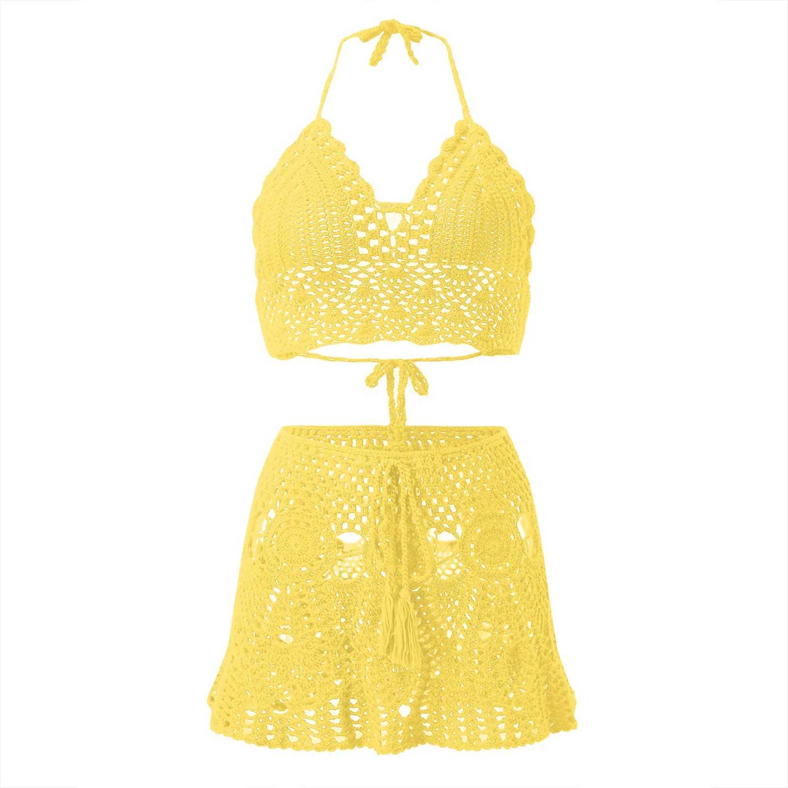 Womens Crocheted Hollowed Out Swimsuit Two Piece Suits Summer Solid Color Lace Up Sexy Versatile Bikini Sets Beach WearXJ250120