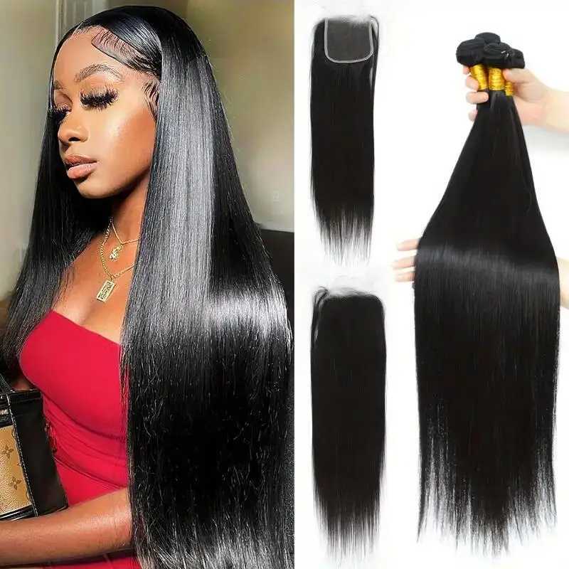 4 Bundles Indian Human Hair Straight Bundles With Clo 4x4 Lace Free Part Virgin Silky Straight Hair Extensions With CloXJ250120