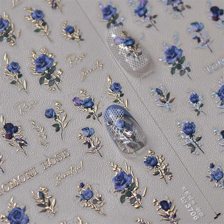 Japanese Vintage Red Blue Rose Flower Laser Gold Silver Nail Stickers Nail Art Decal Design Manicure Tool High QualityXJ250120