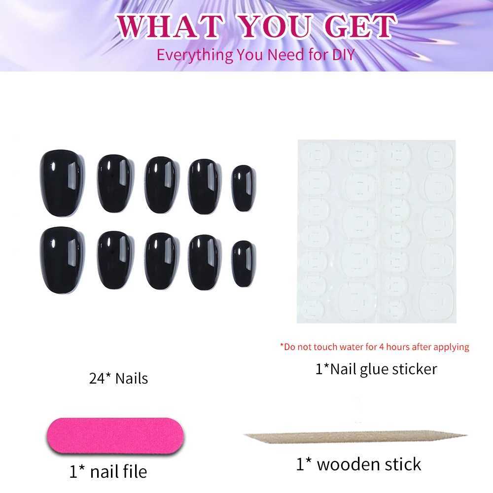 24pcs short false nail black oval nail press on nail can be disassembled for reuse minimalist style for women and girls dailyW250120