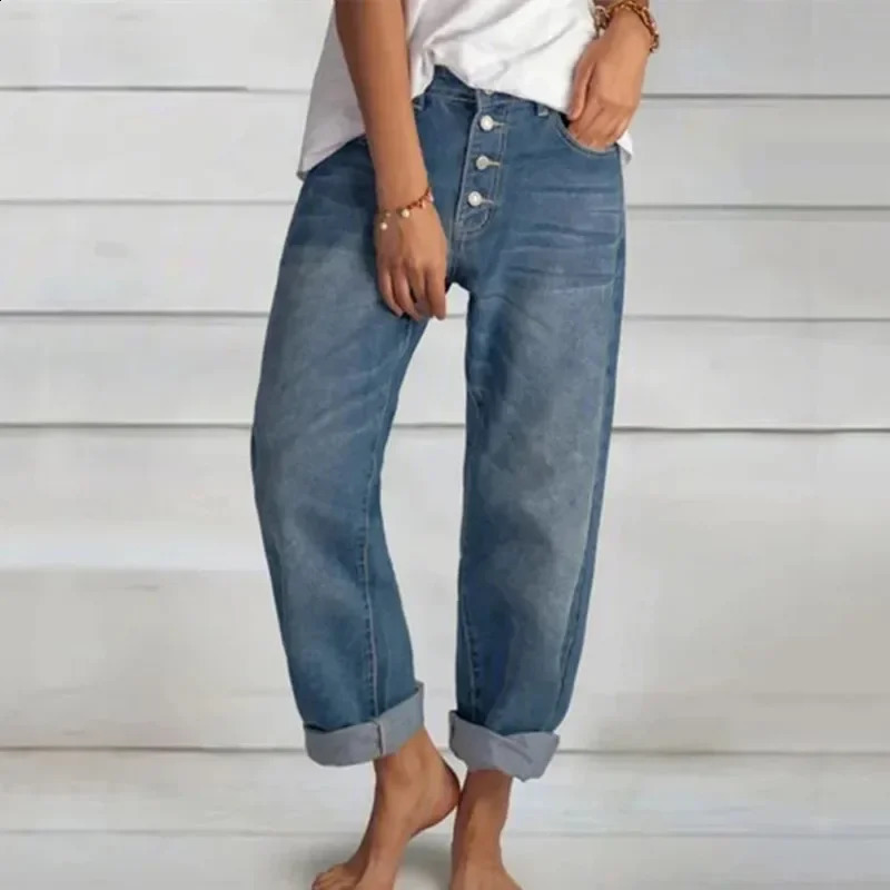 Women Versatile Simple Denim Pants High Waist Singlebreasted Splicing Straight Jeans Female Loose Casual Washable Trousers 250121