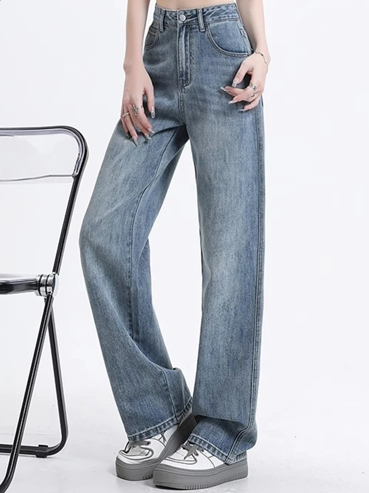 Girls High Waist Wide Leg Jeans Lady Street Denim Straight Pants Female Retro Blue Light Black Gray Pink Trousers 250122