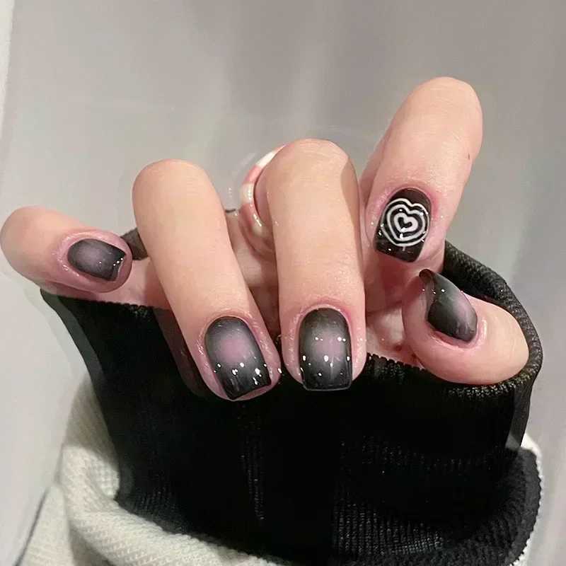 24pcs Black Short Ballet False Nails with Jelly Glue French Design Detachable Fake Nails Art Heart Full Cover Press on Nails TipW250120