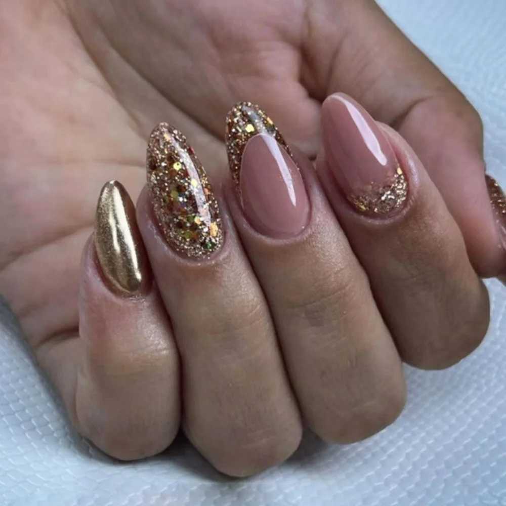 24 pieces of gold French fake nail press wearable simple nude design long almond finished fake nail set manual tip dataW250120