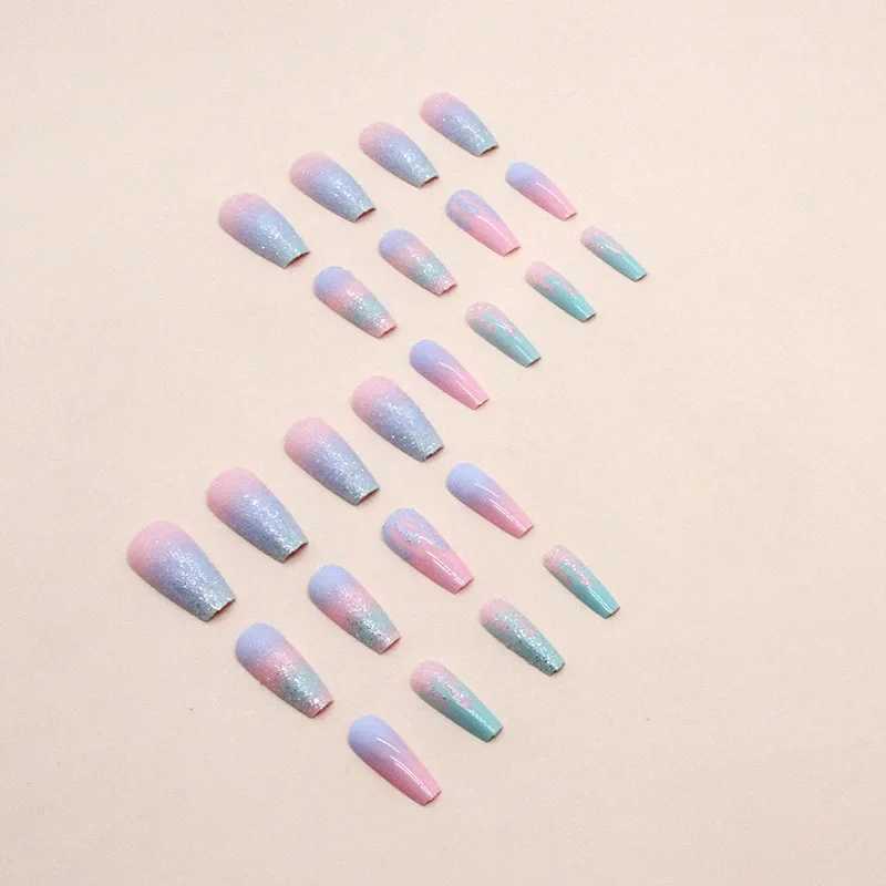 24Pc/set Girl Pink Blue Gradient On Ballet Fake Nails Acrylic Press on Nail Tips Removable Artificial Wearing False Nails ArtW250120