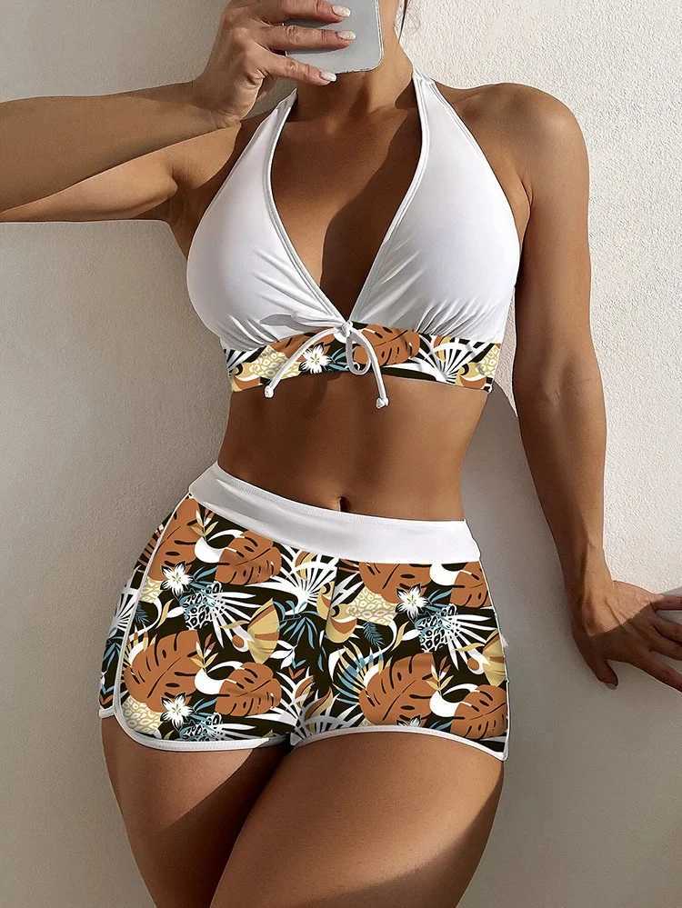 2Pcs/Set Bikinis Set Bowknot Decor Floral Print Bikini Backless Halter Bra High Waist Beachwear Fe Beach ClothingXJ250120