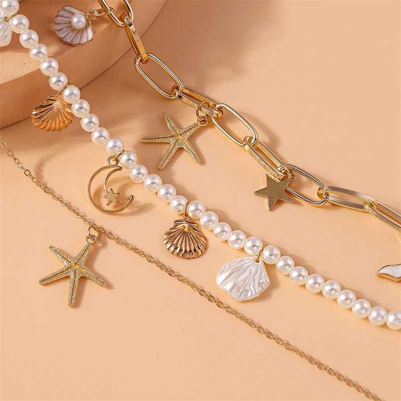 Fashion Muti-layers Imitation Pearl Necklaces for Women Summer Beach Starfish Shell Pendant Necklace Girls Vacation Jewelry GiftXJ250114