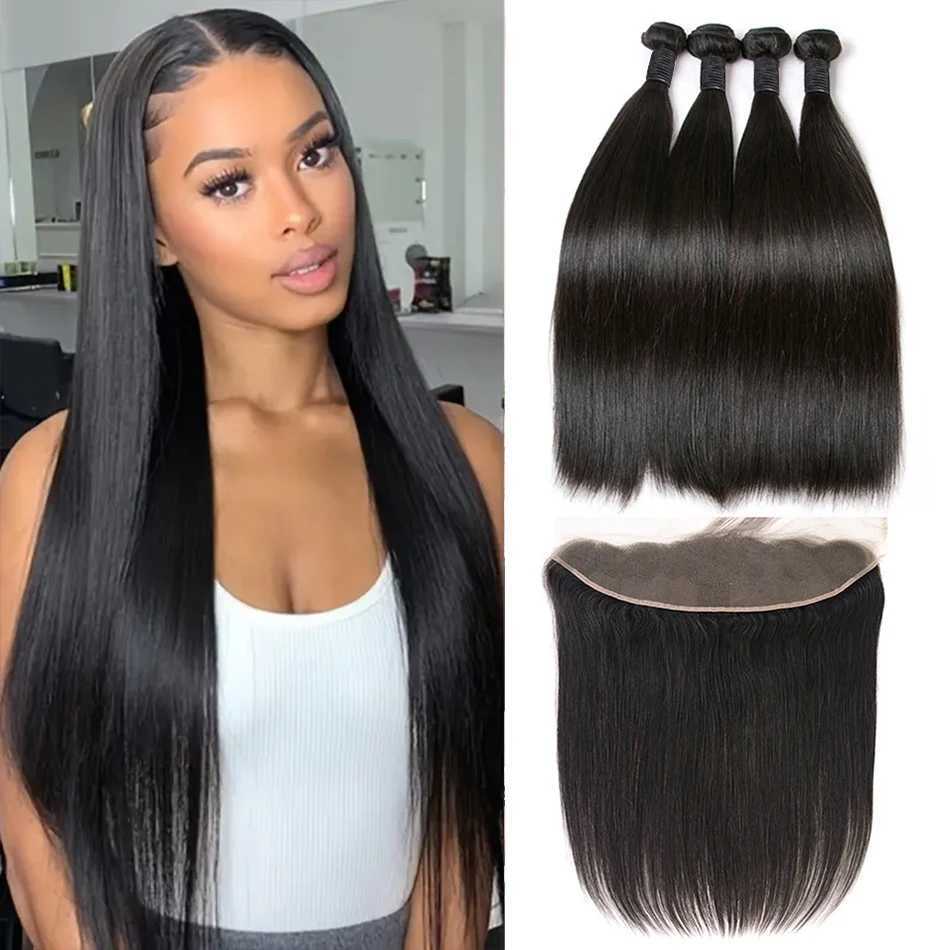 Silkly Straight Human Hair Bundles With 13x4 HD Lace Frontal Brazilian Weaving 3 Bundles With Clos for Women ExtensionsXJ250120