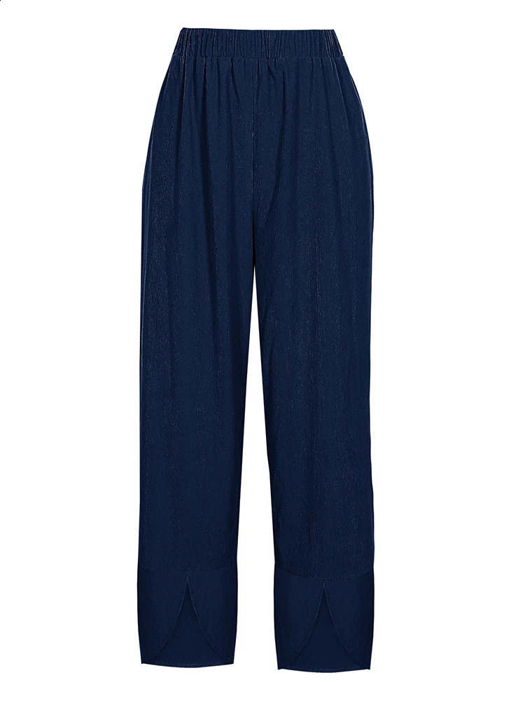 Plus Size 2024 Fall Womens Elastic Waist Wide Leg Pants Loose Casual Solid Color Nine Minute 250109