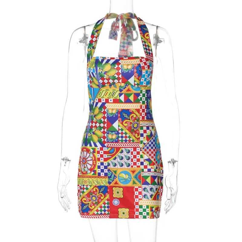 Bandage Halter Sexy Y2K Print Party Club Birthday Mini Dress Outfits Women Summer Streetwear Backless Bodycon Dresses DressXJ250224