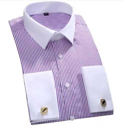 M~6XL Mens Classic French Cuffs Social Dress Shirt Formal Business Standard-fit Long Sleeve Wedding White Cufflinks Men ShirtsXJ250121