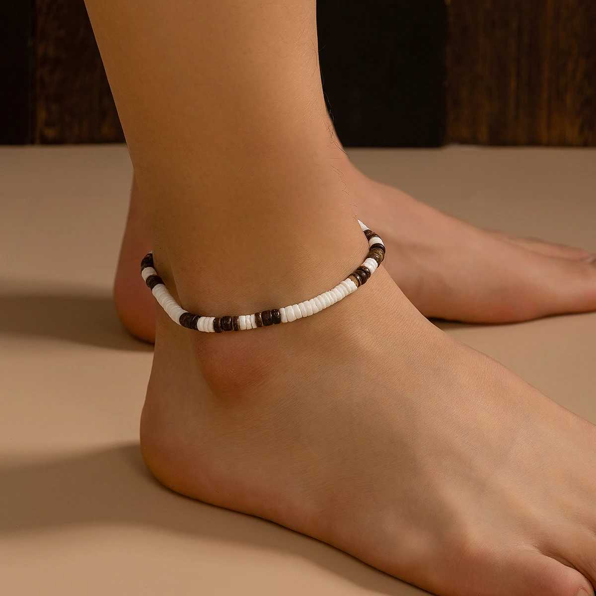 KunJoe Vintage Brown Wood Beads Anklets Chain for Men Ethnic Coconut Husk Foot Chain Summer Ankle Accories Male Trend JewelryXJ250121