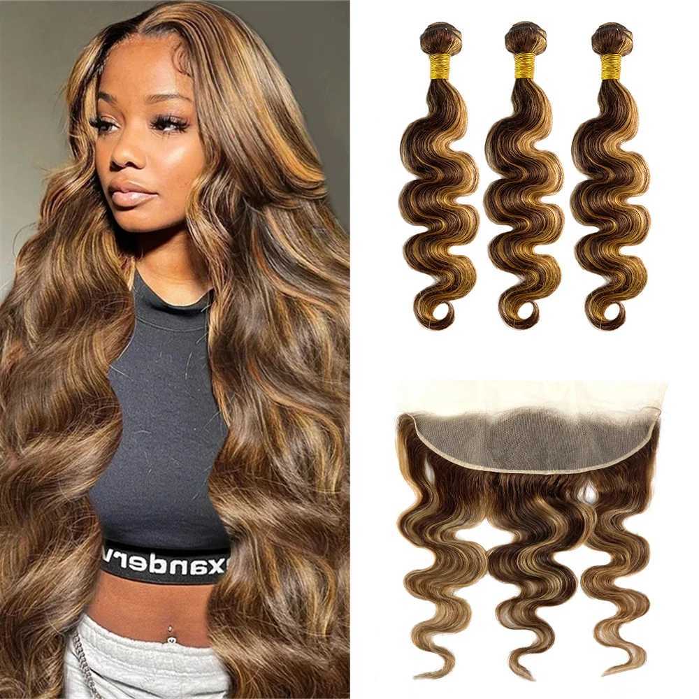 Highlight Bundles With Clo Frontal Brazilian Body Wave Ombre Blonde Human Hair Tissage Bundle With 13x4 Frontal P4/27 ColorXJ250120