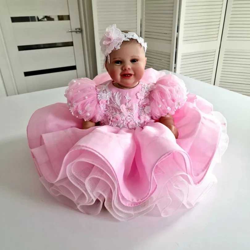 Fluffy pink baby princess ball dress childrens newborn party pearl chiffon first communion wedding dress Baptist costume X250203