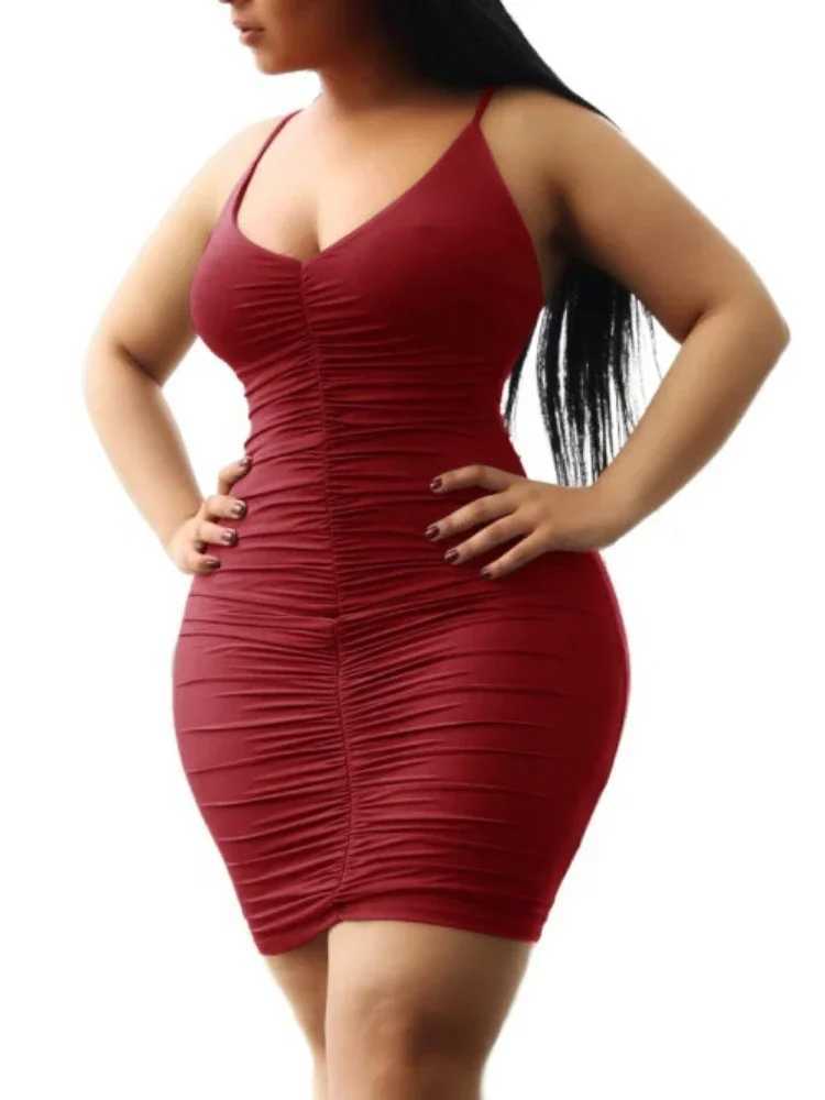 Sexy Low-cut V Neck Pleated Bodycon Dress Women Spaghetti Strap Solid Color Sveless Mini Dress Ele Club Party VestidosXJ250115