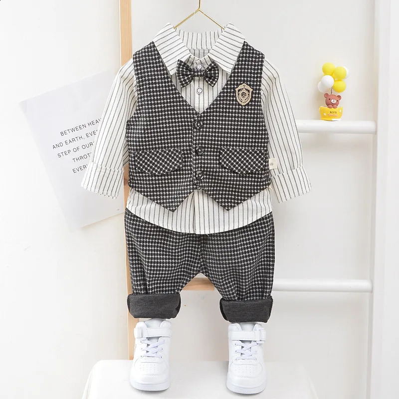 Children Kids Gentleman Clothing Suit Birthday Wedding Party Elegant Set Baby Boy Casual Wear Striped Shirt Vest Pants Costume 250113