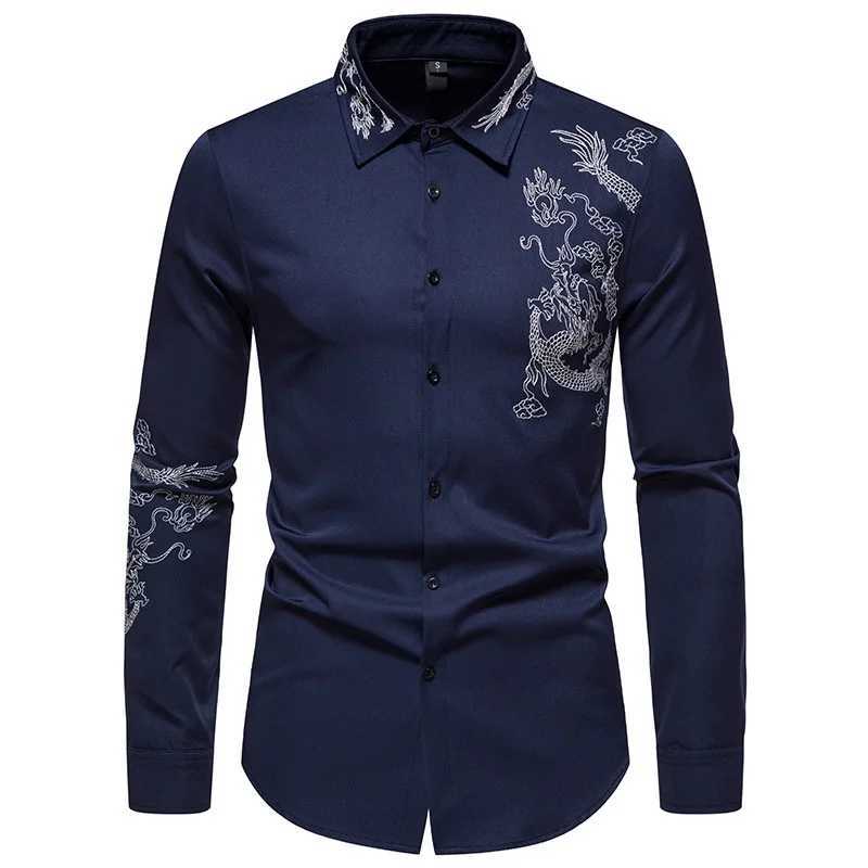 Dragon Embroidered Long Sleeve Shirt Autumn and Winter Single Breasted Slim Fit Button Retro Social Dress Shirt Street WearXJ250121
