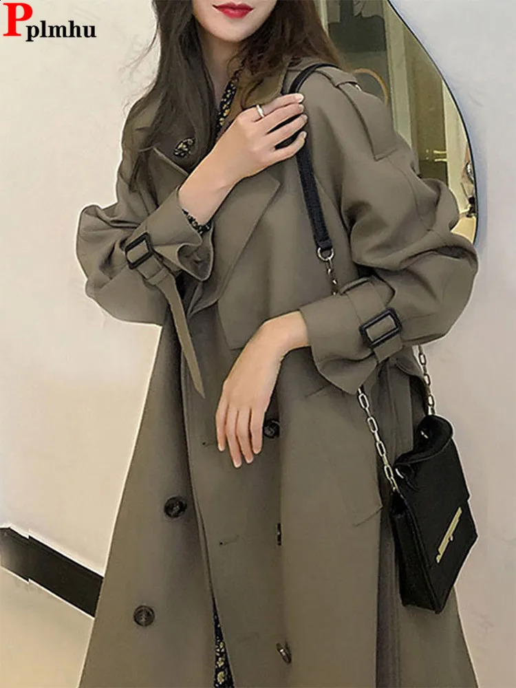 Double Breasted Long Trench Coats Casual With Belt Korea Jackets Loose Gabardina Casaco Women Fashion Windbreaker Abrigos 250118