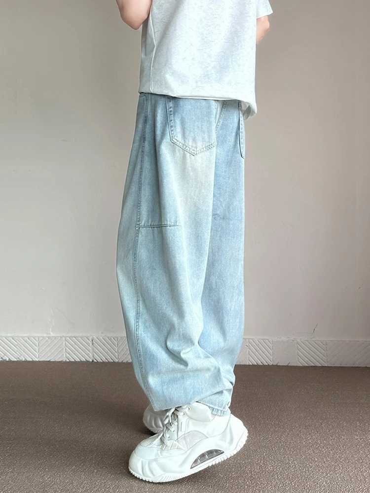 Mens Baggy Wide Legs Jeans Korean Fashion Streetwear Light Blue Patchwork Trend Y2K Loose Pants Washed Male Trousers W250118