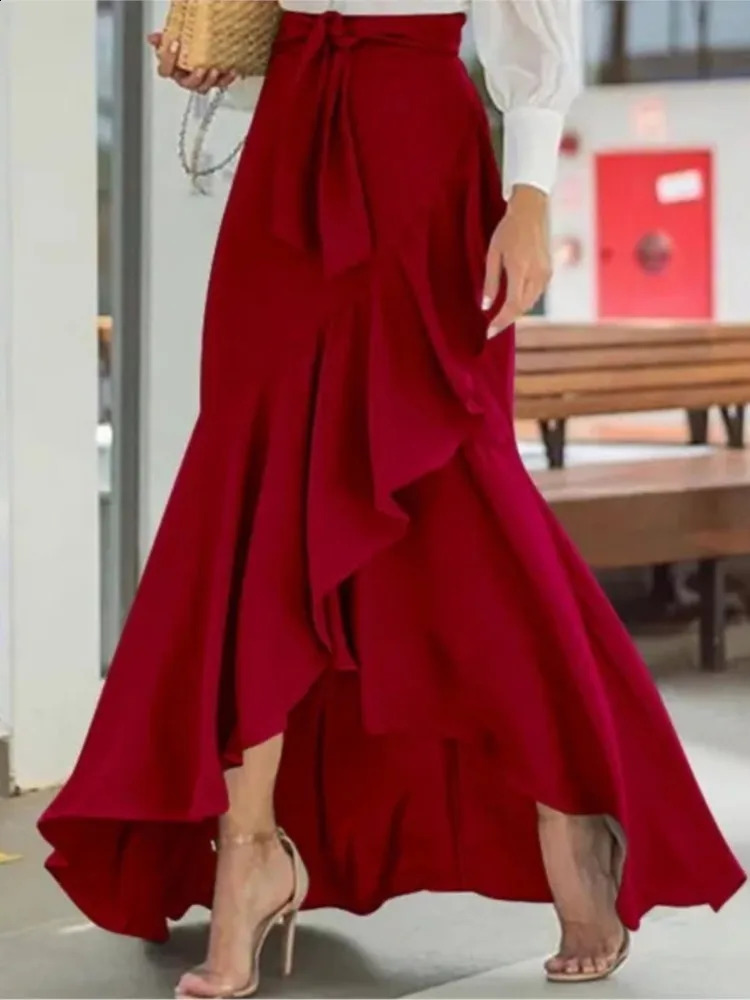 Spring Autumn Women Long Skirt High Waist Laceup Ruffle Trim Plaid Print Bow Tie Irregular Hem Maxi Female 2024 250110
